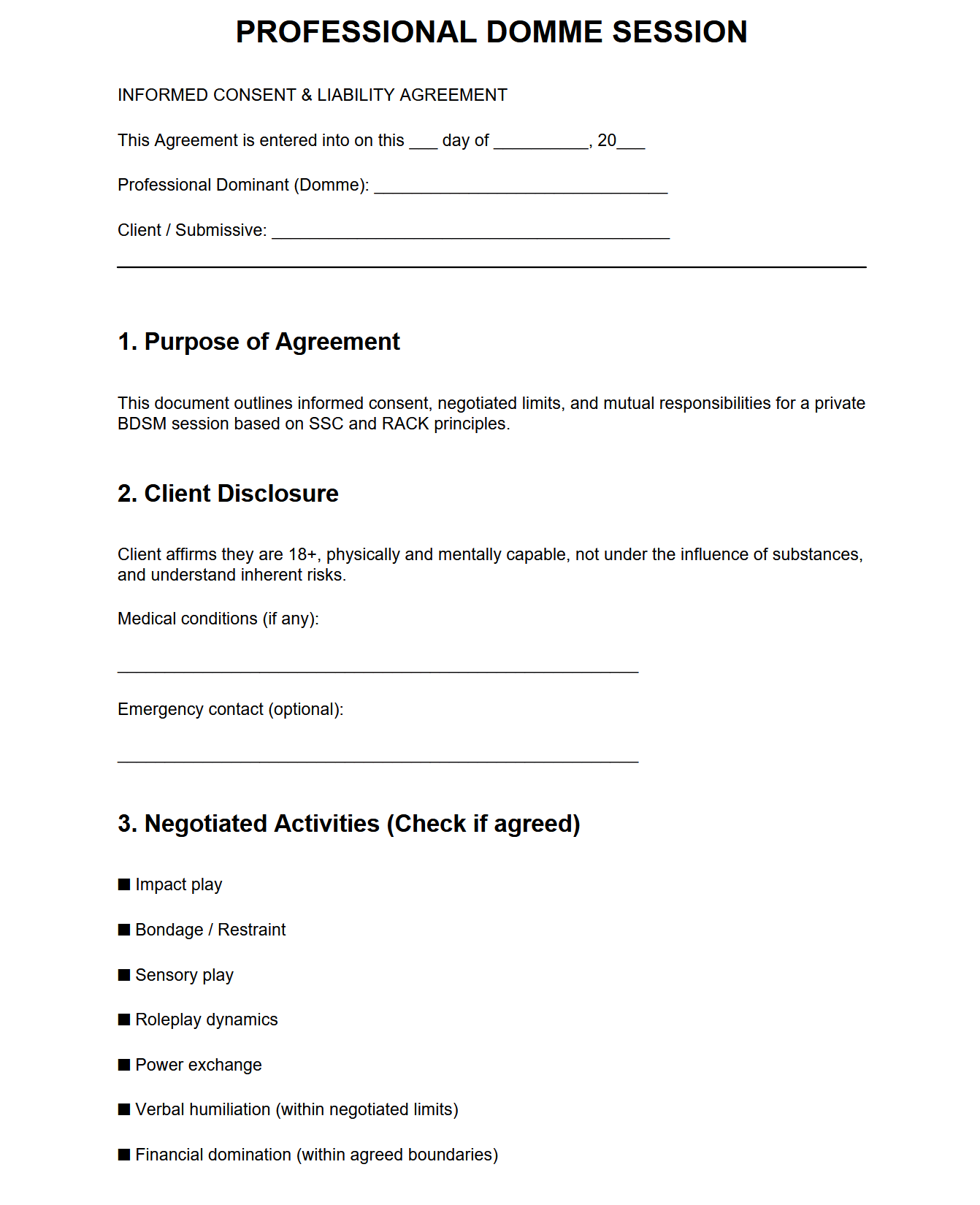 Preview of Professional Domme Session Consent Contract